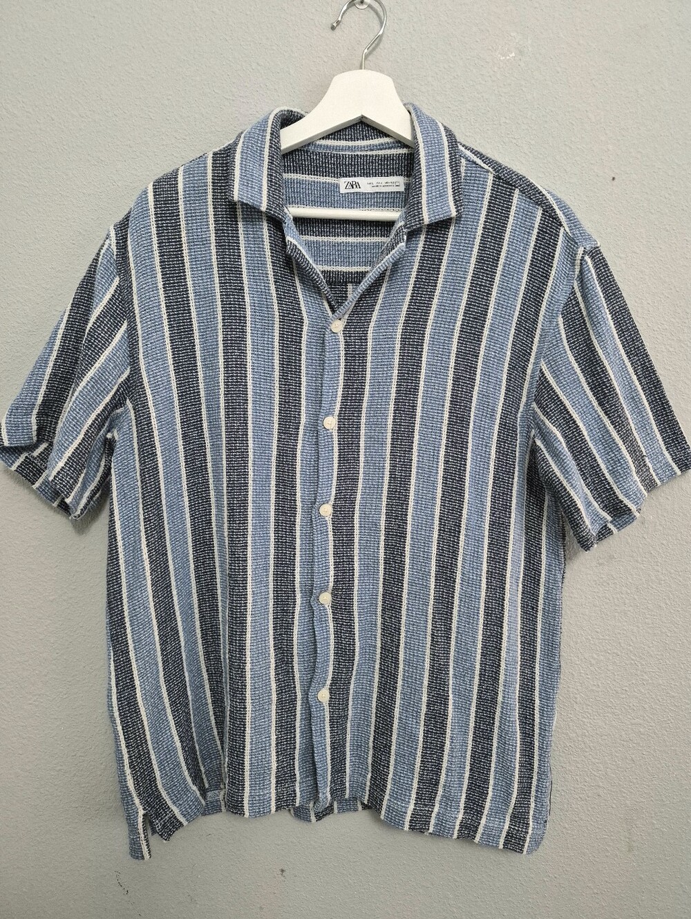 Zara Man Blue Striped Textured Knit Camp Collar Button Down Shirt Large